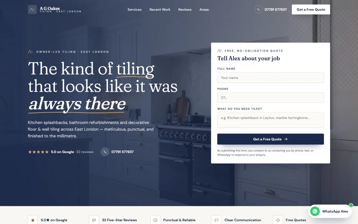 Homepage of A G Oakes Tiling, a website built by Done Right