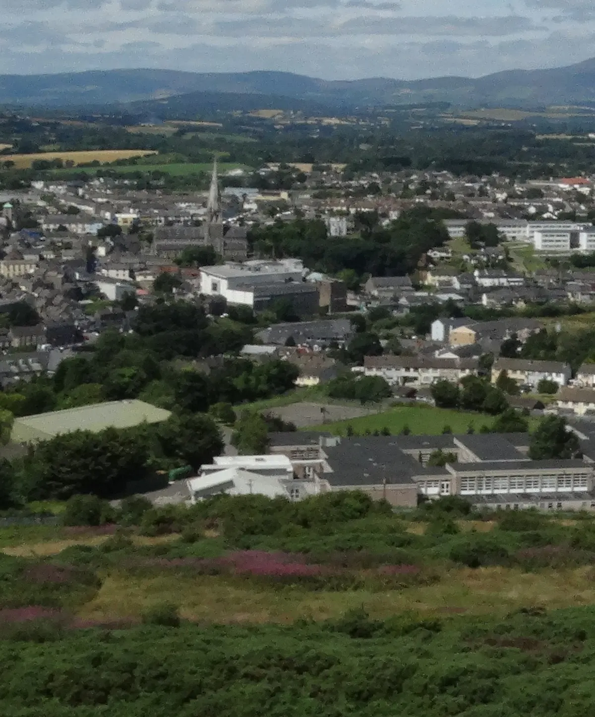 Enniscorthy seen from Vinegar Hill, the town spread along the Slaney with its cathedral spire, and the Blackstairs Mountains on the skyline beyond