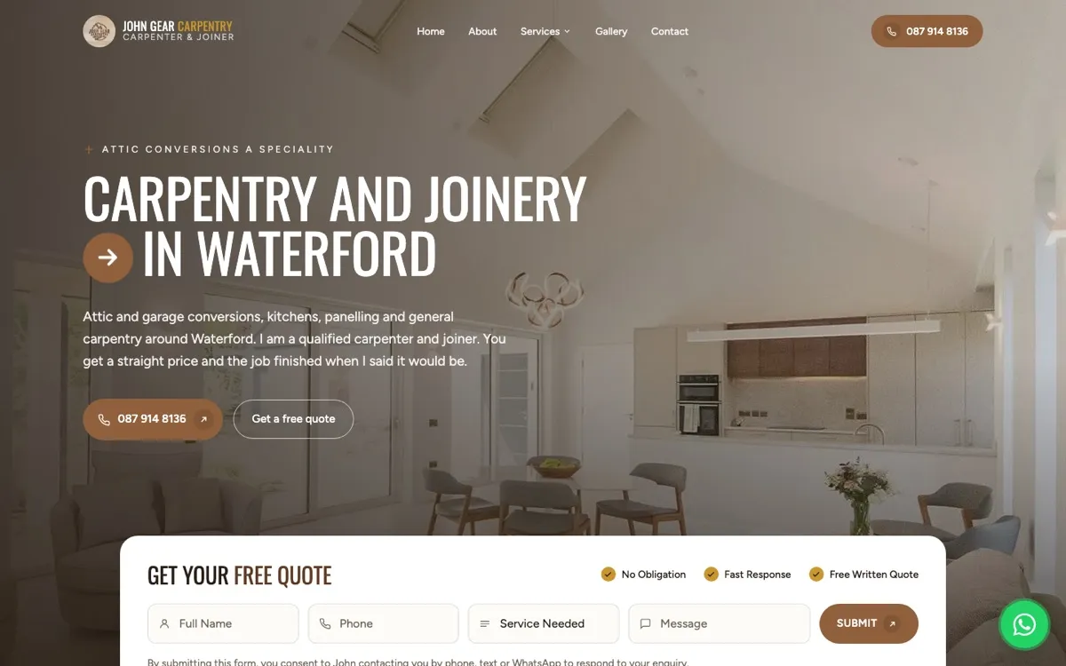 Homepage of John Gear Carpentry, a website built by Done Right