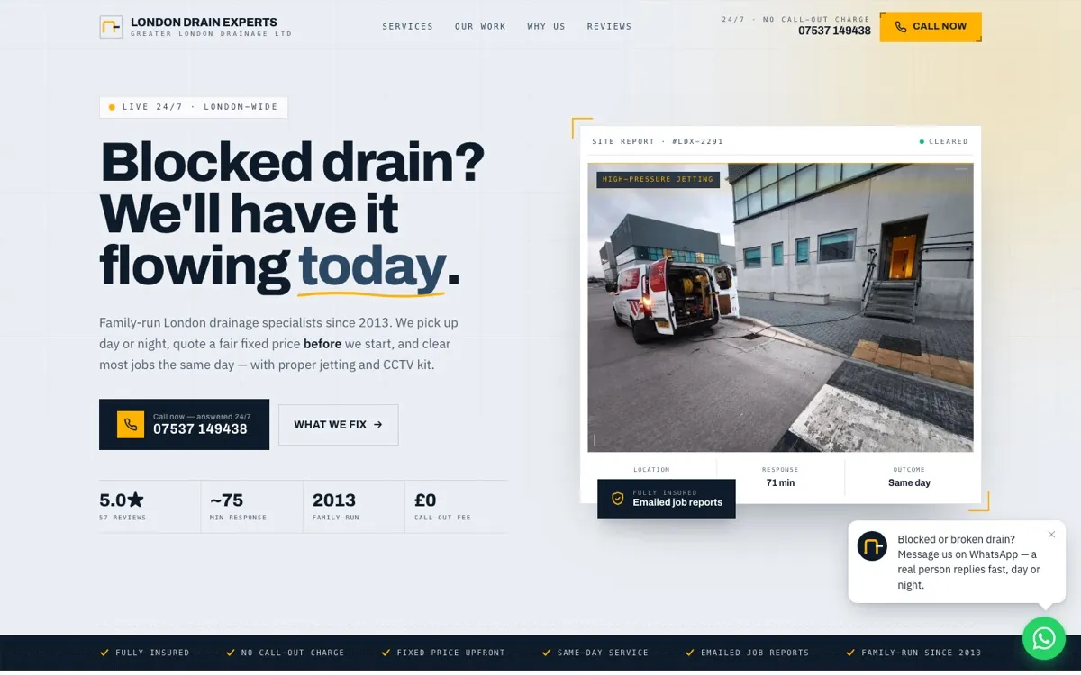 Homepage of London Drain Experts, a website built by Done Right
