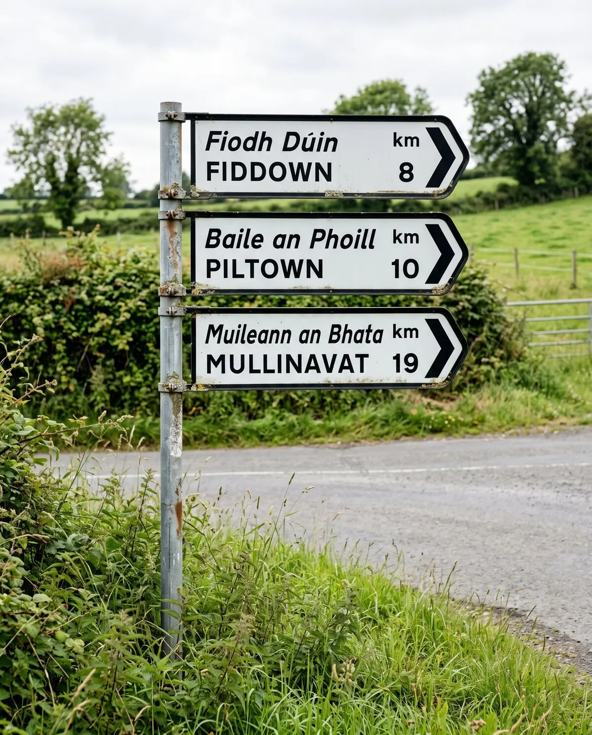 An Irish roadside signpost on a country road, pointing to Fiddown, Piltown and Mullinavat with the distances in kilometres