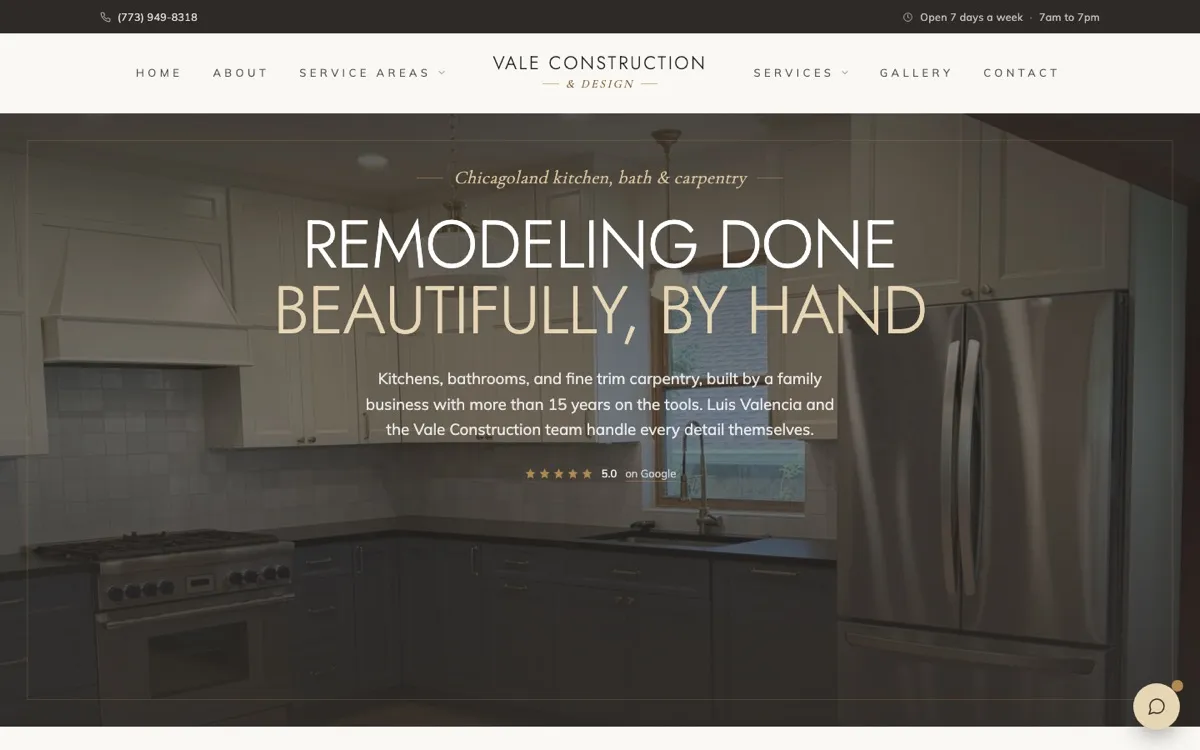 Homepage of Vale Construction & Design, a website built by Done Right