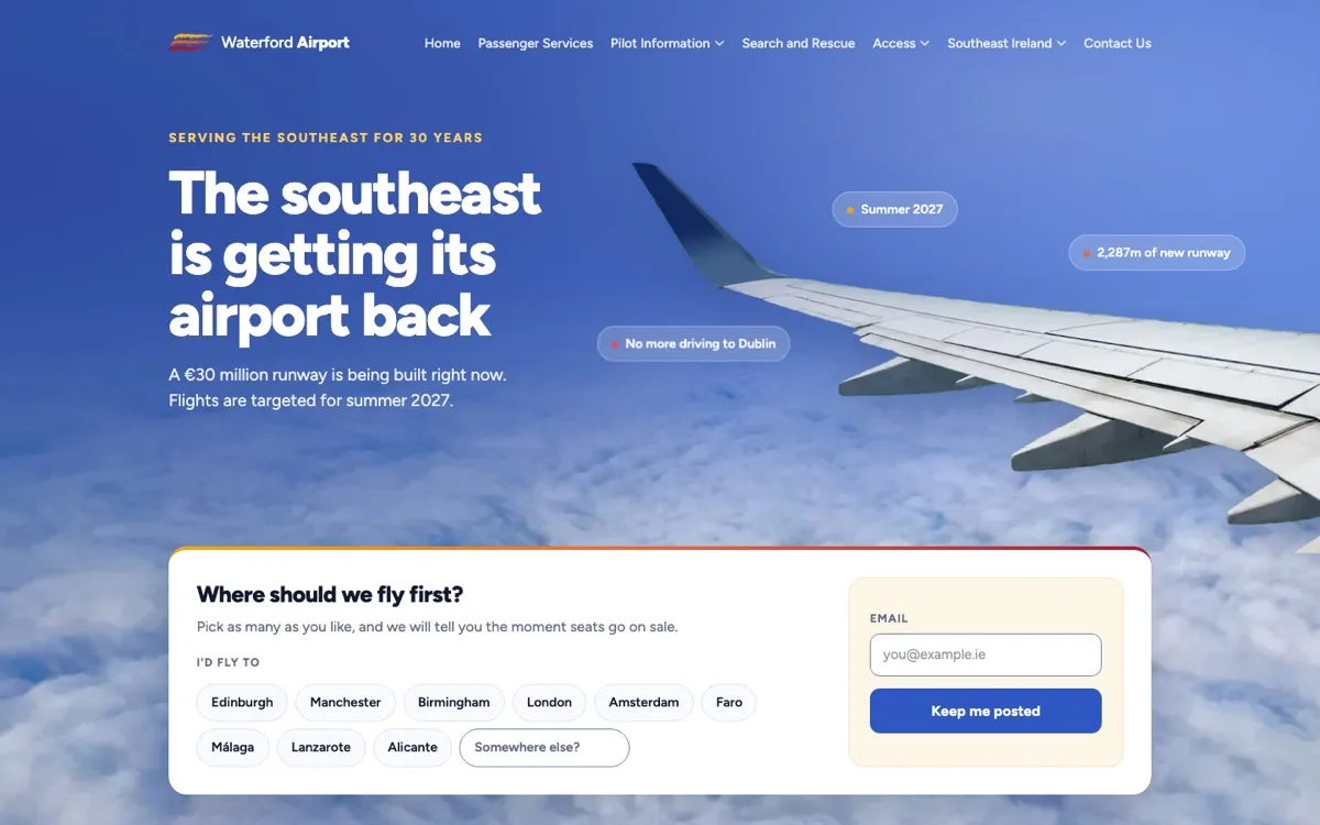 Homepage of Waterford Airport, a website built by Done Right