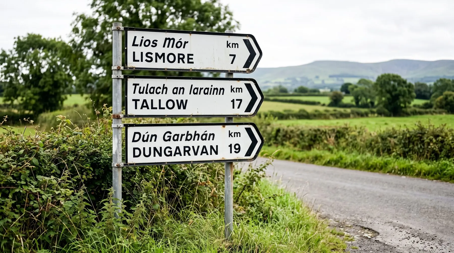 An Irish roadside signpost on a country road, pointing to Lismore, Tallow and Dungarvan with the distances in kilometres